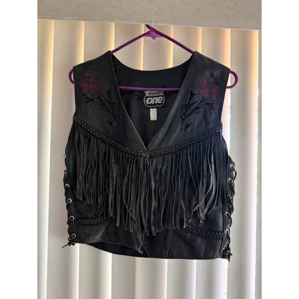 Women's Black Leather Fringe Vest with Purple Floral Details